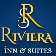 a logo for riviera inn and suites on a blue background