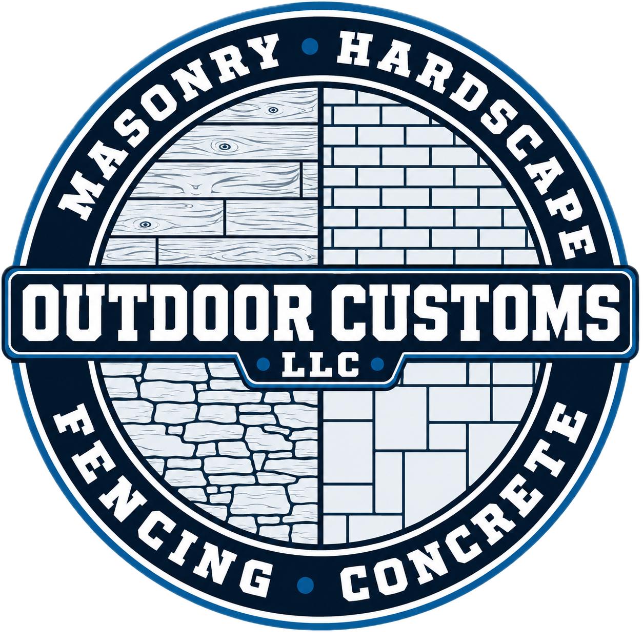 Outdoor Customs logo for masonry, hardscaping, fencing, and concrete in blue and white