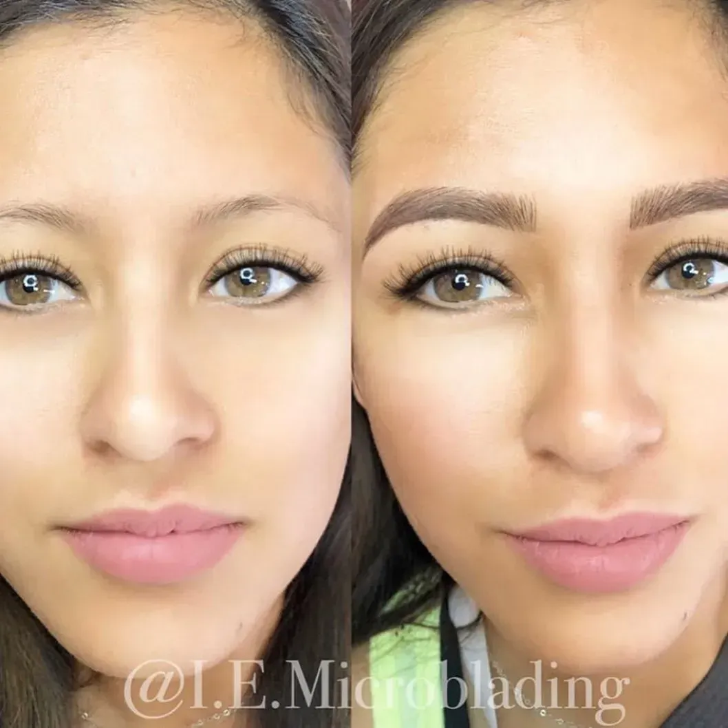A before and after picture of a woman 's eyebrows