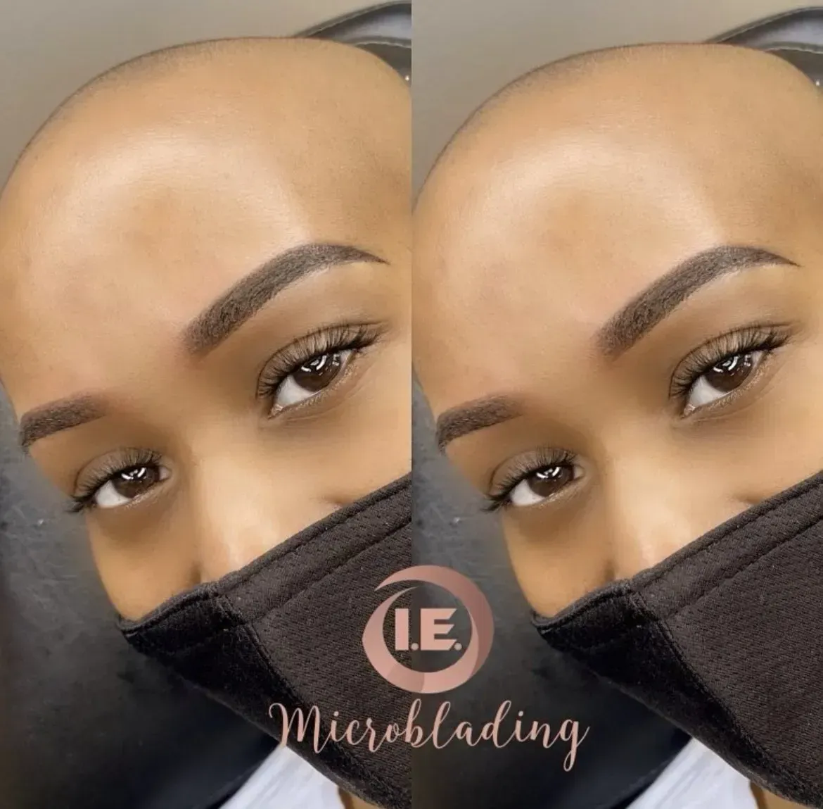 A woman wearing a black mask has microblading on her eyebrows