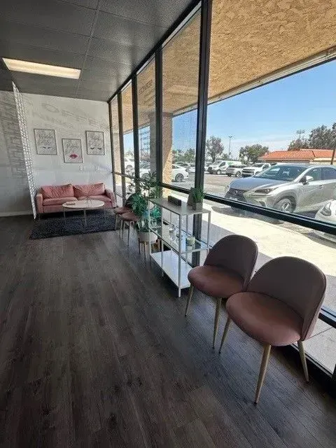 A waiting room with a couch , chairs , and a lot of windows.