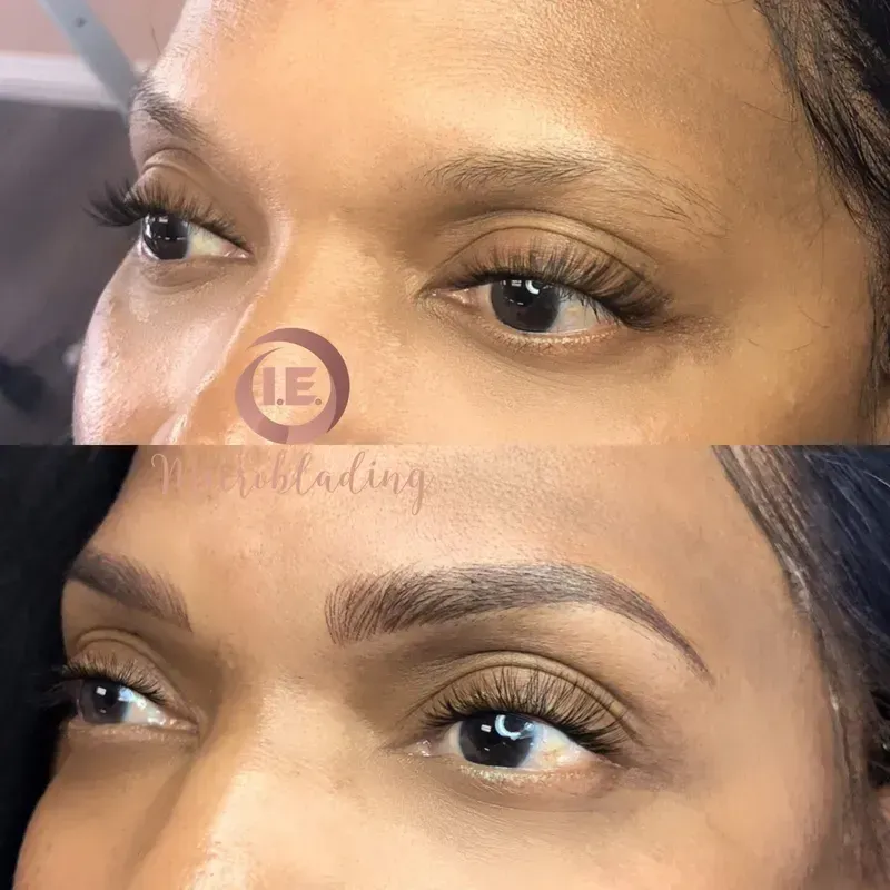 A before and after photo of a woman 's eyebrows.