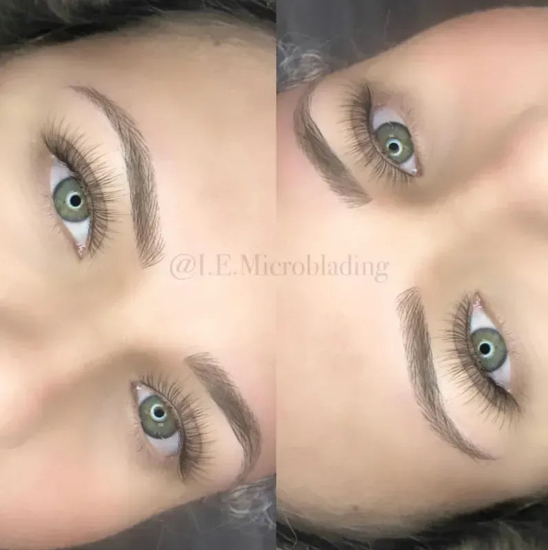 A before and after photo of a woman 's eyebrows and eyelashes.