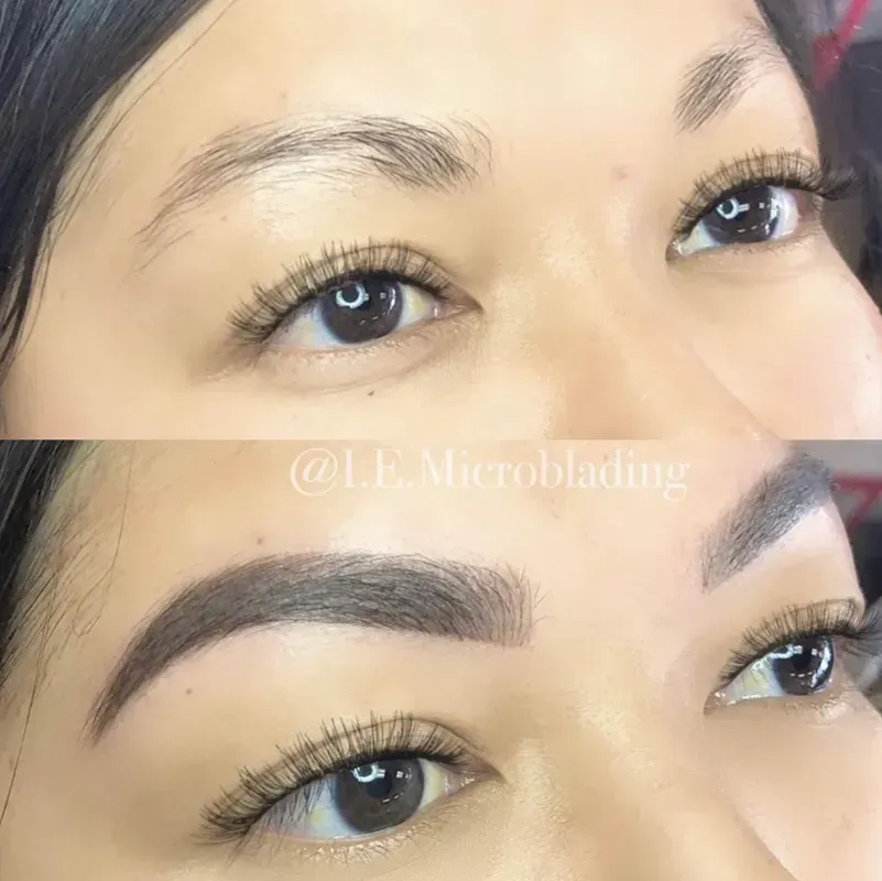 A before and after photo of a woman 's eyebrows.