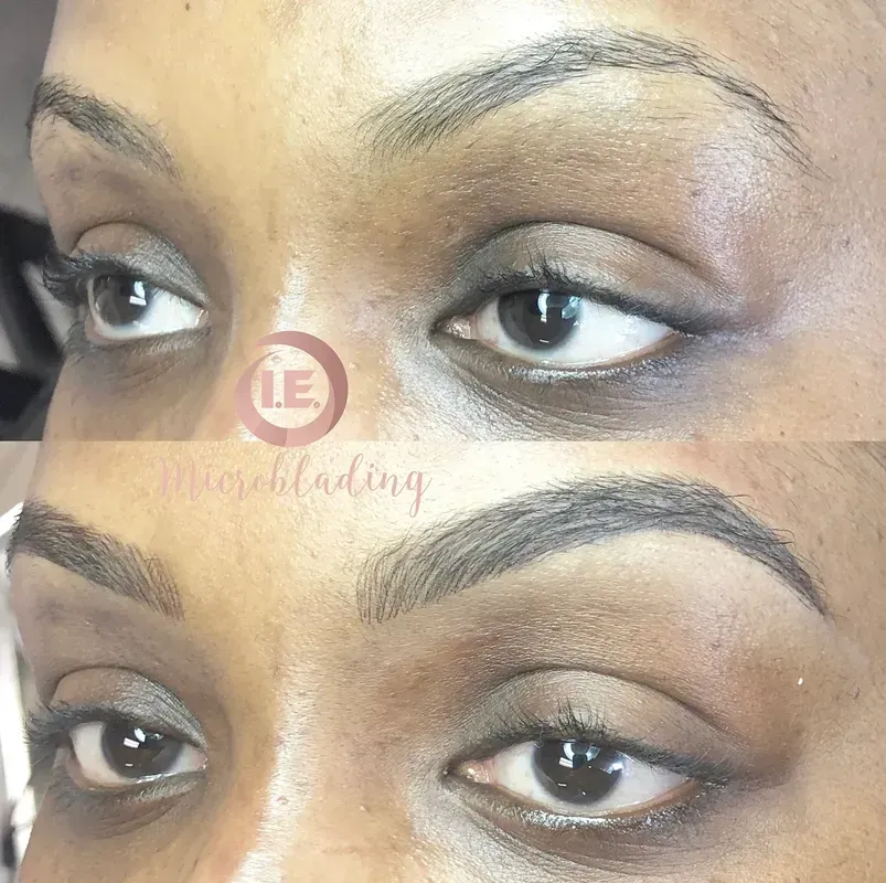 A before and after photo of a woman 's eyebrows by microblading