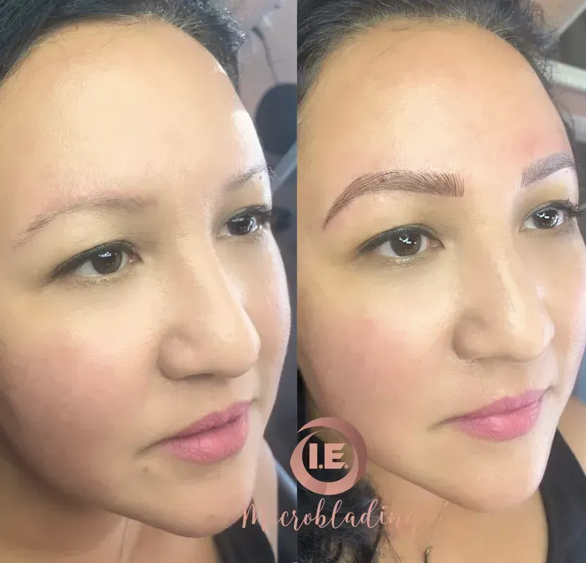 A before and after photo of a woman 's eyebrows.