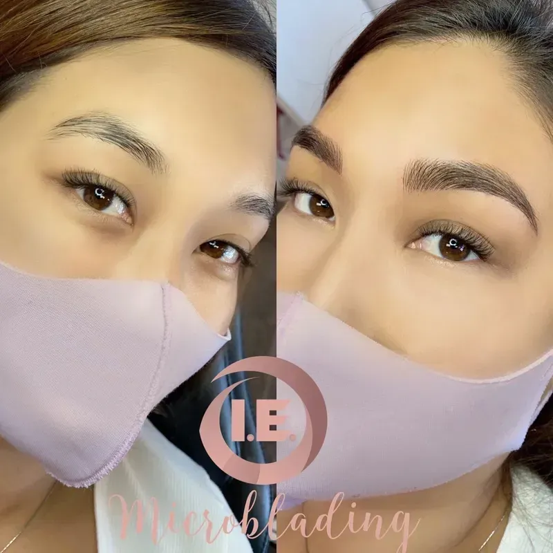 A woman wearing a pink mask with the letter b on it