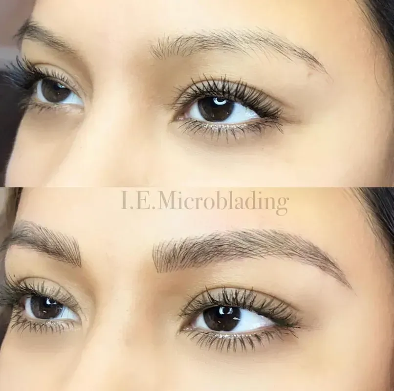 A before and after picture of a woman 's eyebrows.