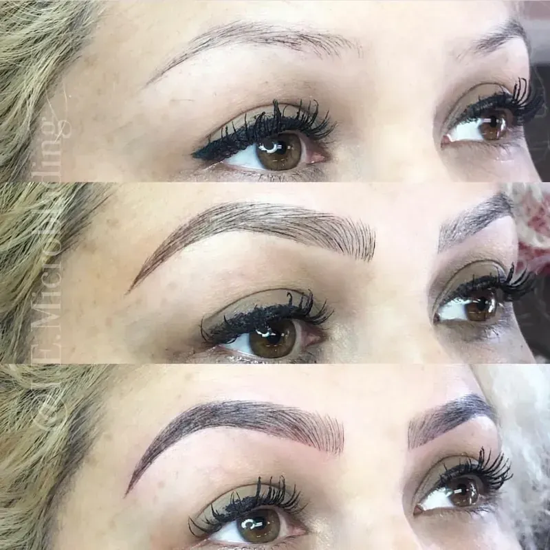 A woman 's eyebrows are shown in three different stages of growth.