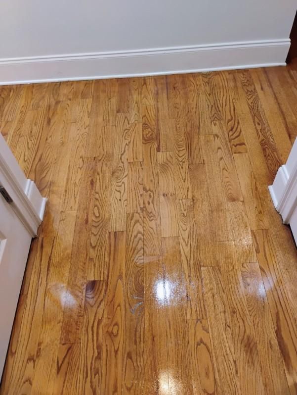 Hardwood floor with a shiny finish; light brown planks with visible wood grain.