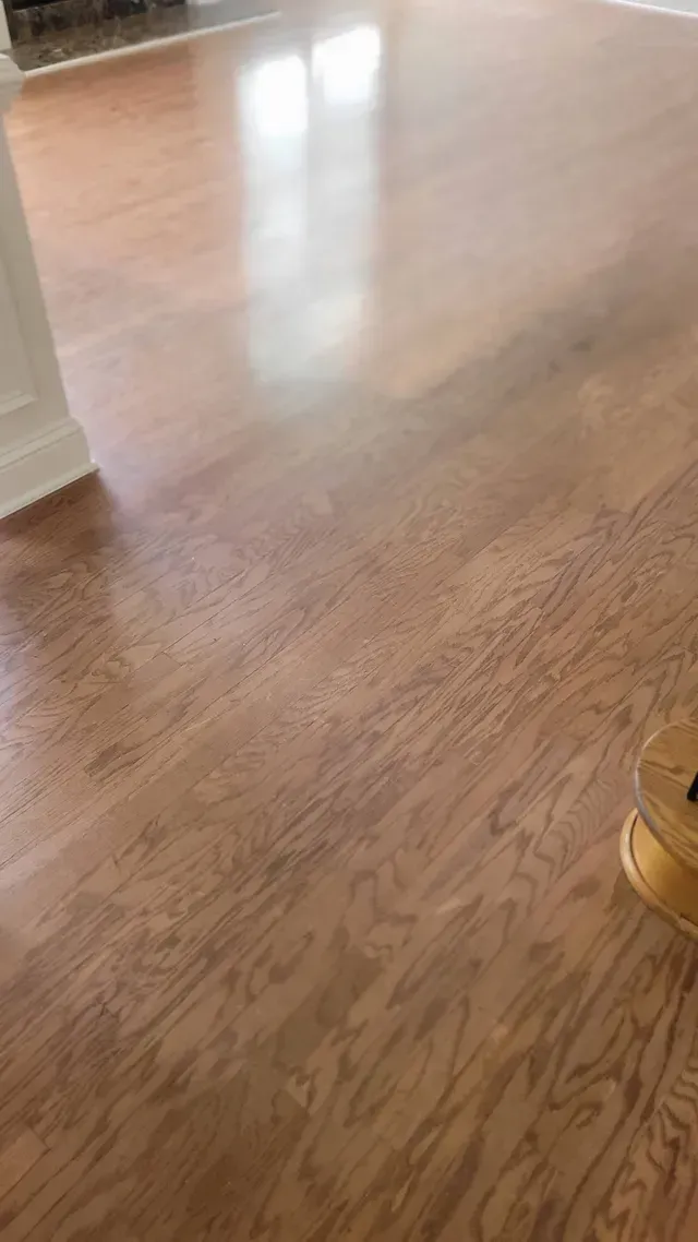 Hardwood floor with a glossy finish reflecting light.