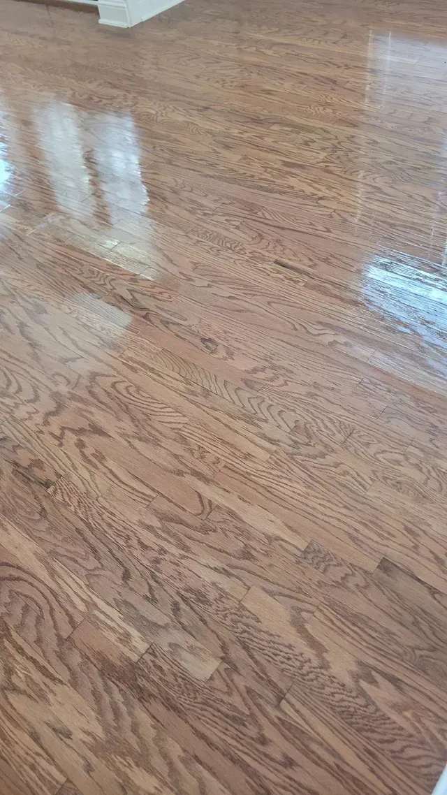 Shiny, reddish-brown hardwood floor, reflecting light from a window in a room.