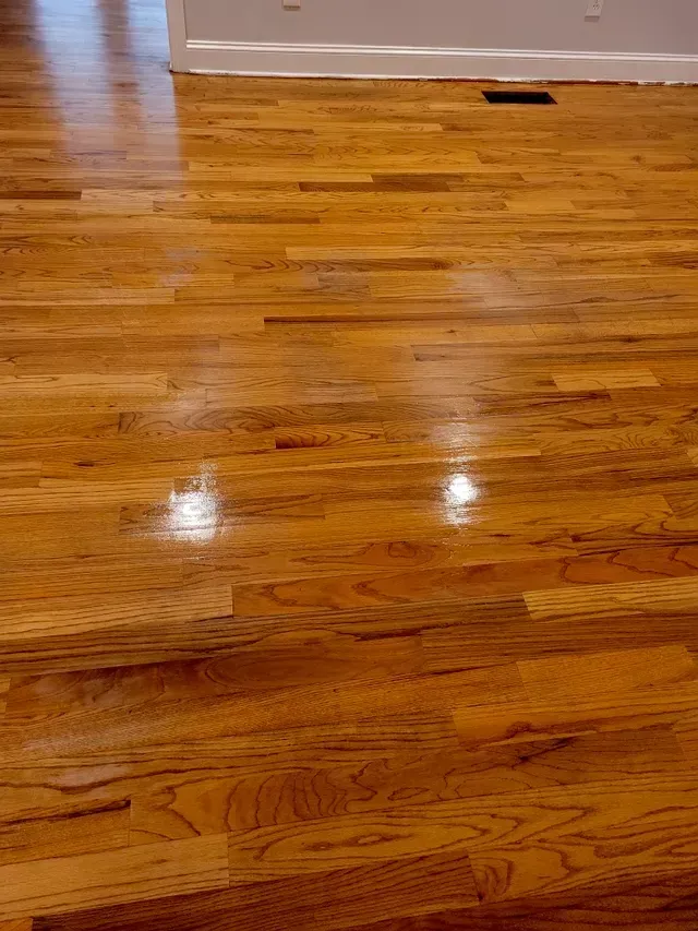 Glossy, honey-toned hardwood floor reflecting light in a room.