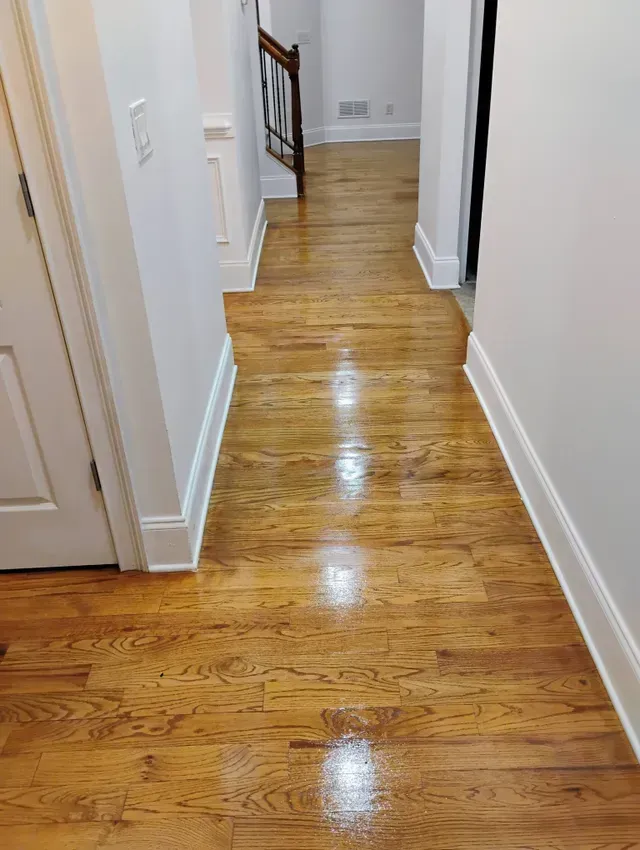 Hallway with shiny, light-brown hardwood floors and white trim, leading to a staircase.