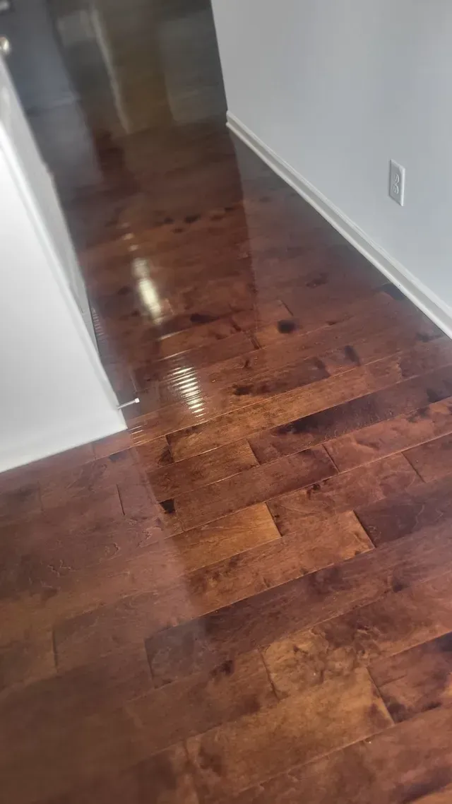 Shiny, dark hardwood floor in a hallway, with a white wall to the right.