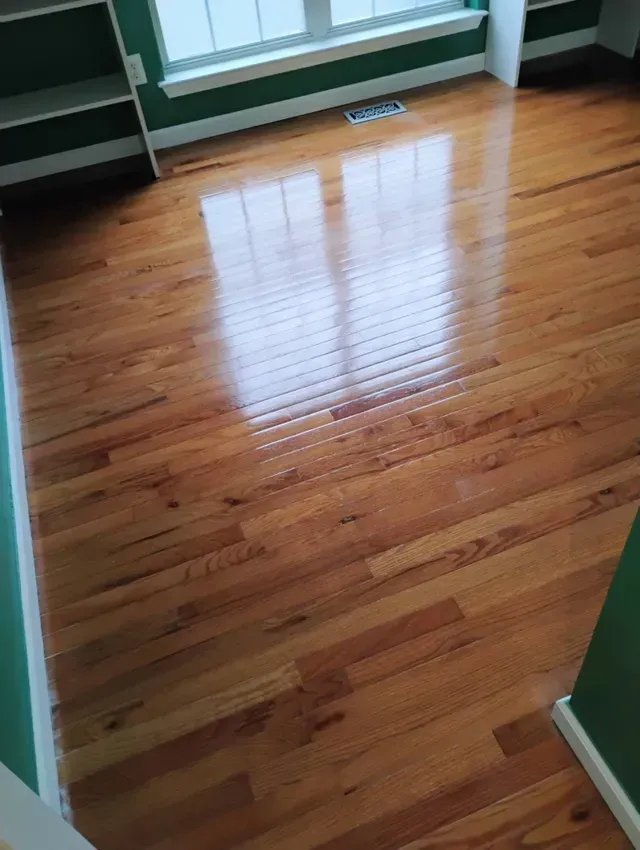 Shiny hardwood floor reflecting window light in a room with green walls and white trim.