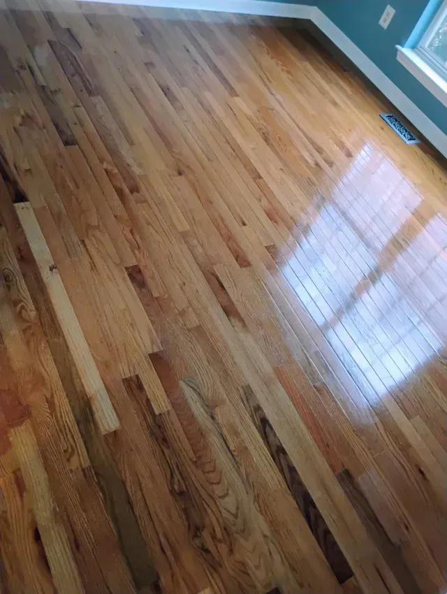 Wooden floor in room with blue wall and window, glossy finish.