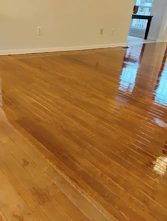 Wood floor with glossy finish, reflecting light and colors from a nearby window.