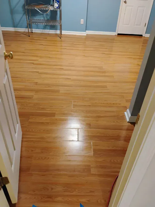 Hardwood floor in room with blue walls, a doorway, and metal shelving in the background.