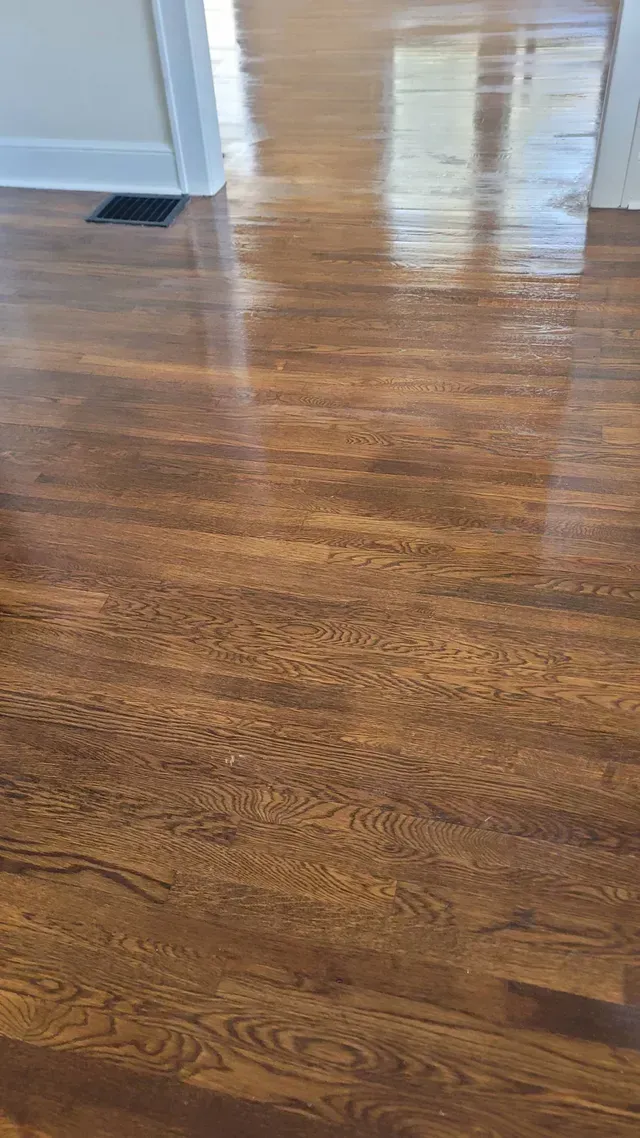 Shiny, dark-stained wood flooring reflecting light, in a room with white trim.