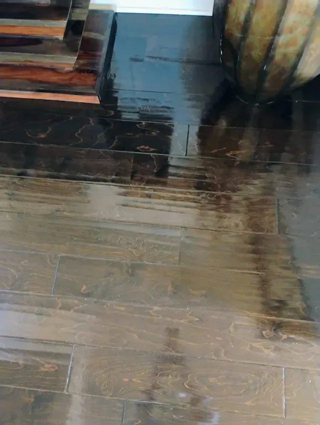 Wet, dark-stained wooden floor reflecting light, near a decorative object and partially visible furniture.