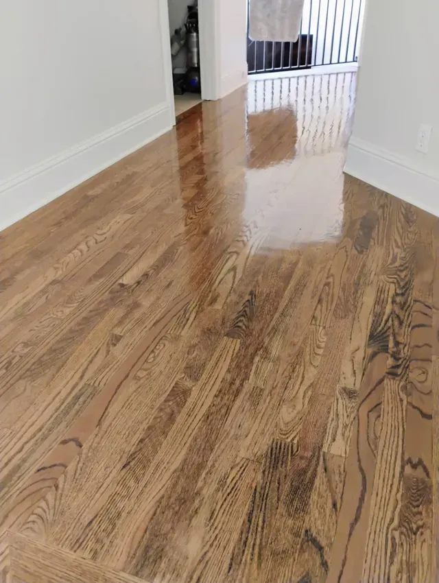 Shiny, stained hardwood floor in a hallway, reflecting light. Walls are white.