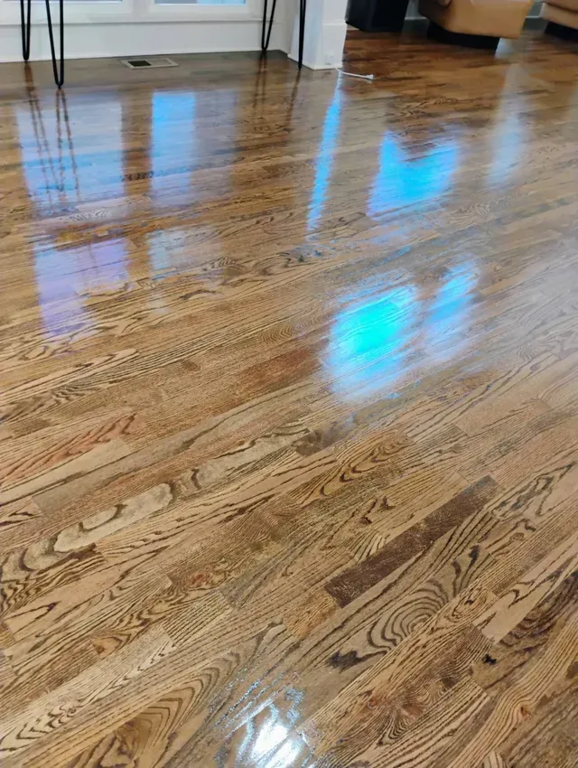 Reflective, polished hardwood floor with light-colored wood grain; natural light reflecting in blue/white squares.