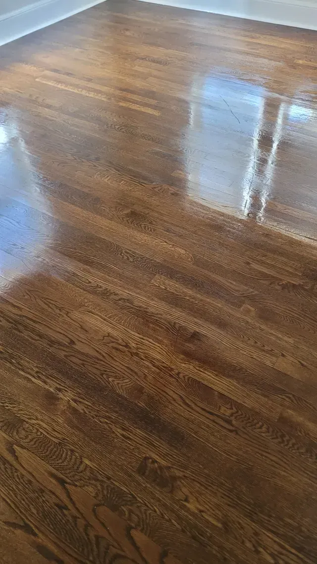 Glossy, dark stained hardwood floor reflecting light from a window and a white wall.