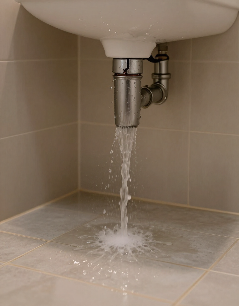 Bathroom sink drain leaking water onto tiled floor
