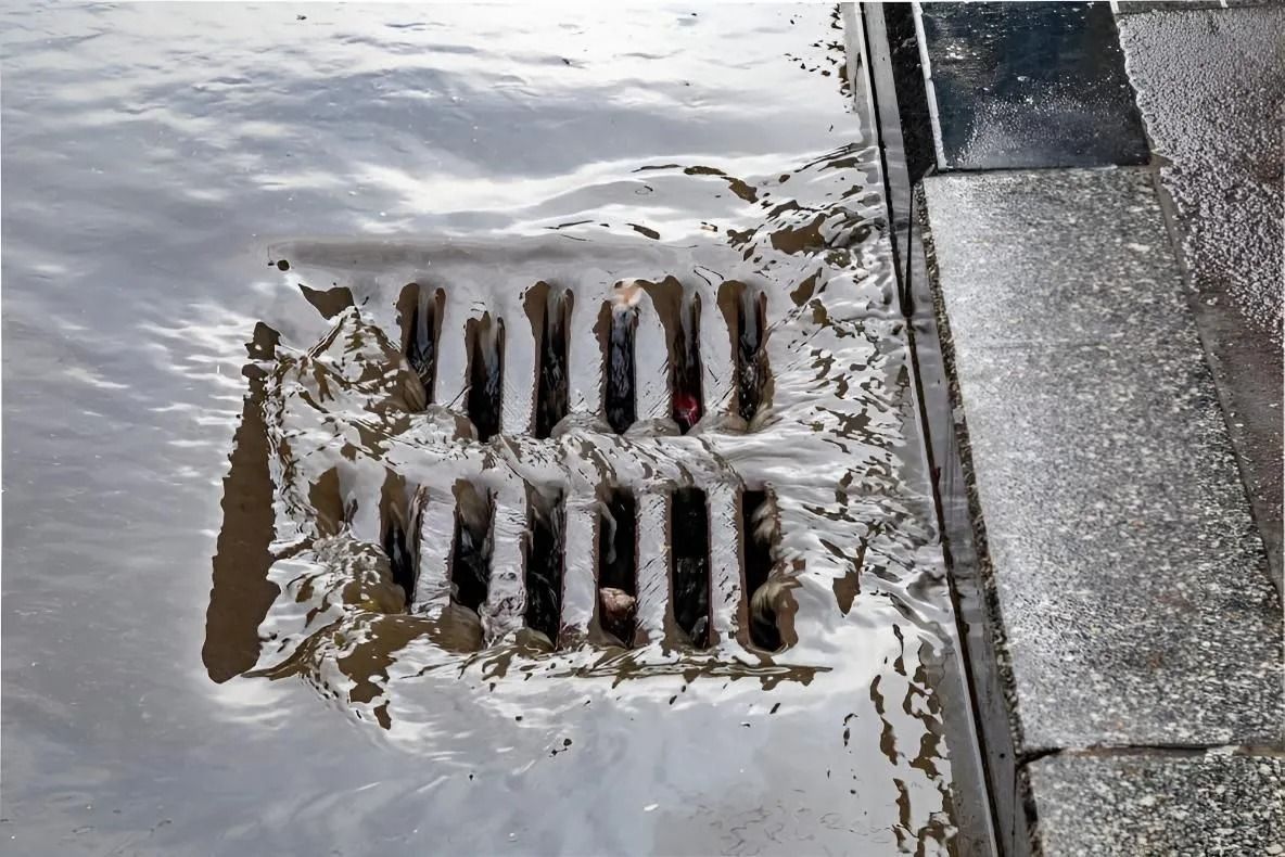 Storm drain grate in wet pavement with water pooling around it