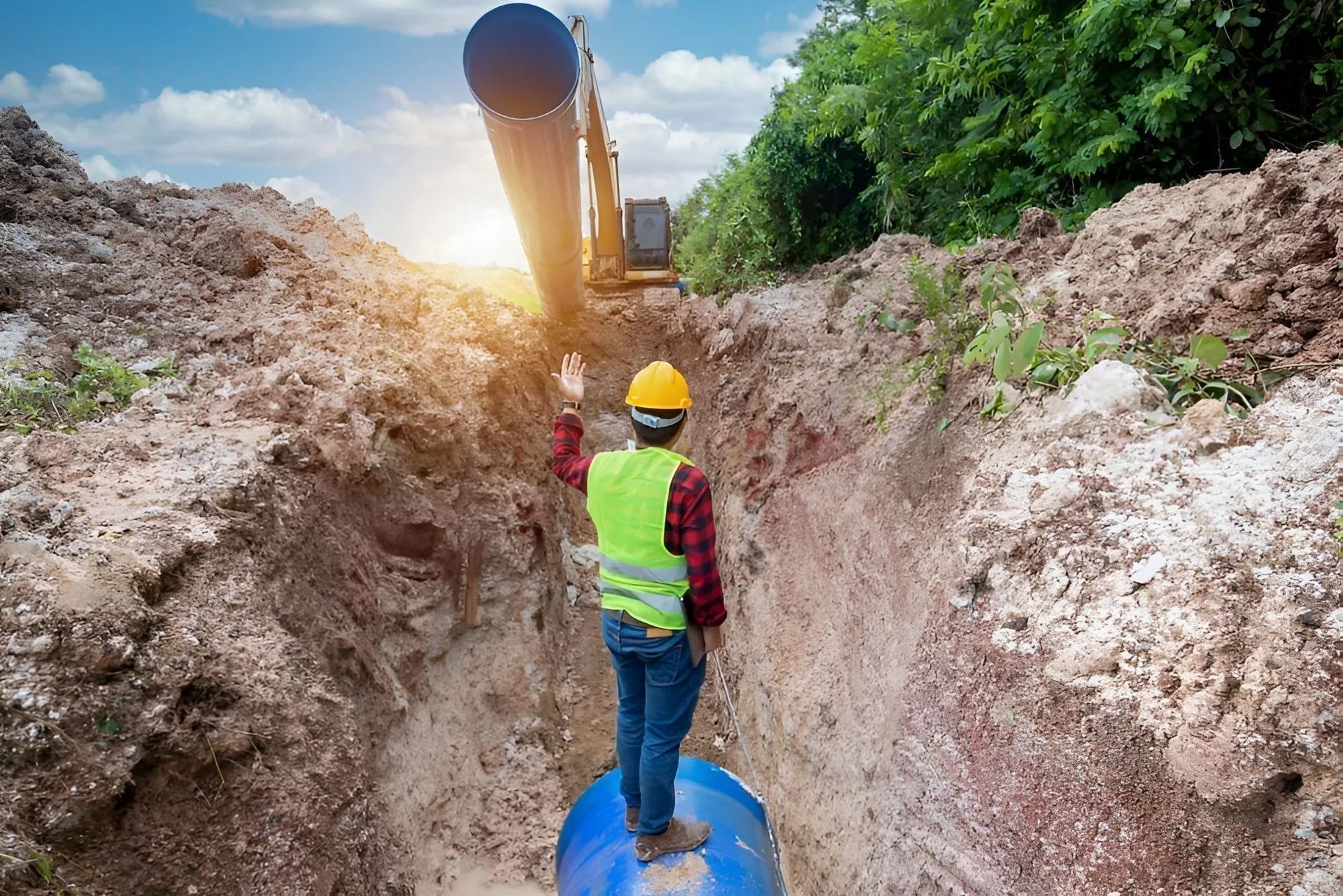 Worker in hard hat standing in a trench near a large pipeline, with excavated dirt on both sides