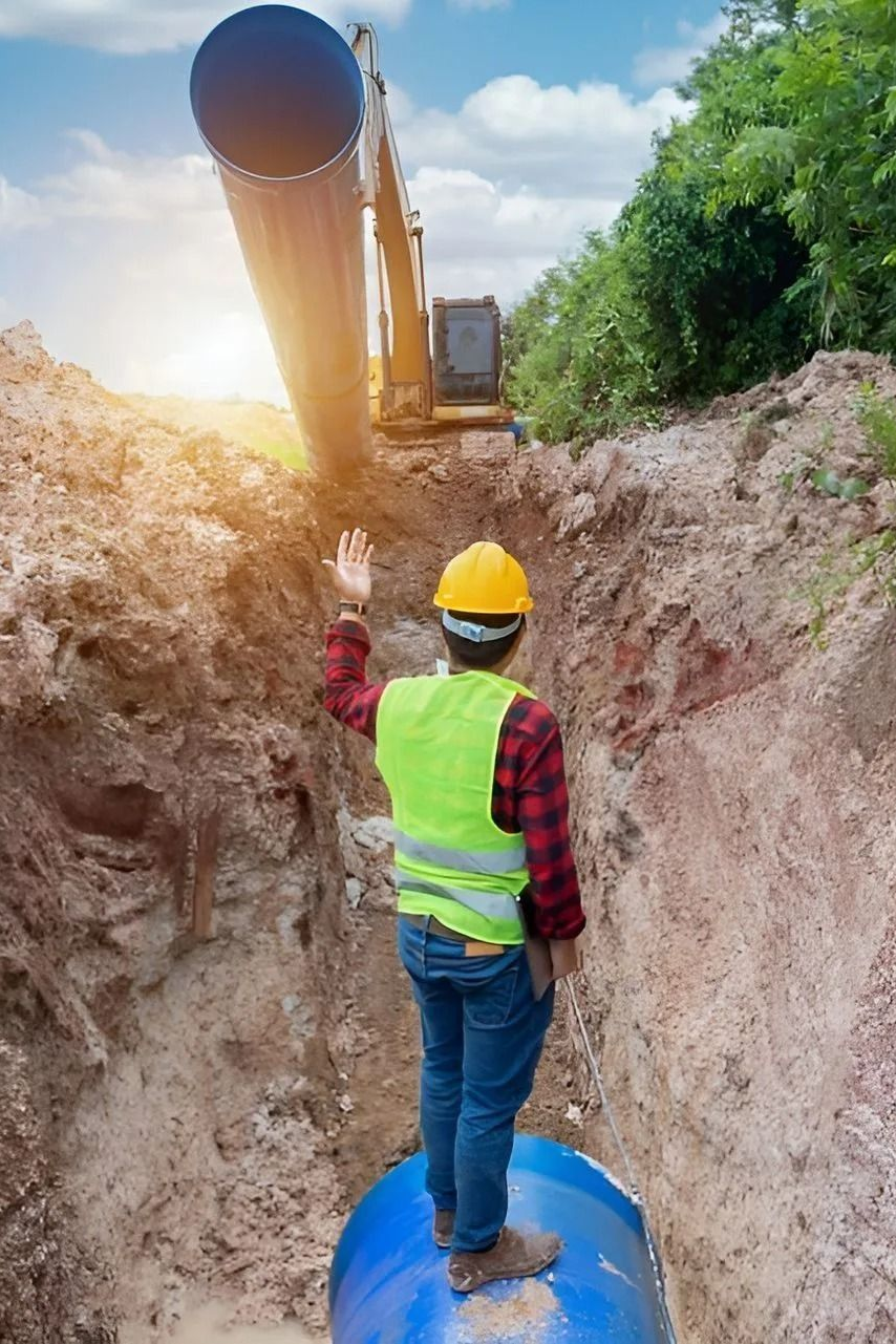 Worker in hard hat standing in a trench, facing large machinery above.