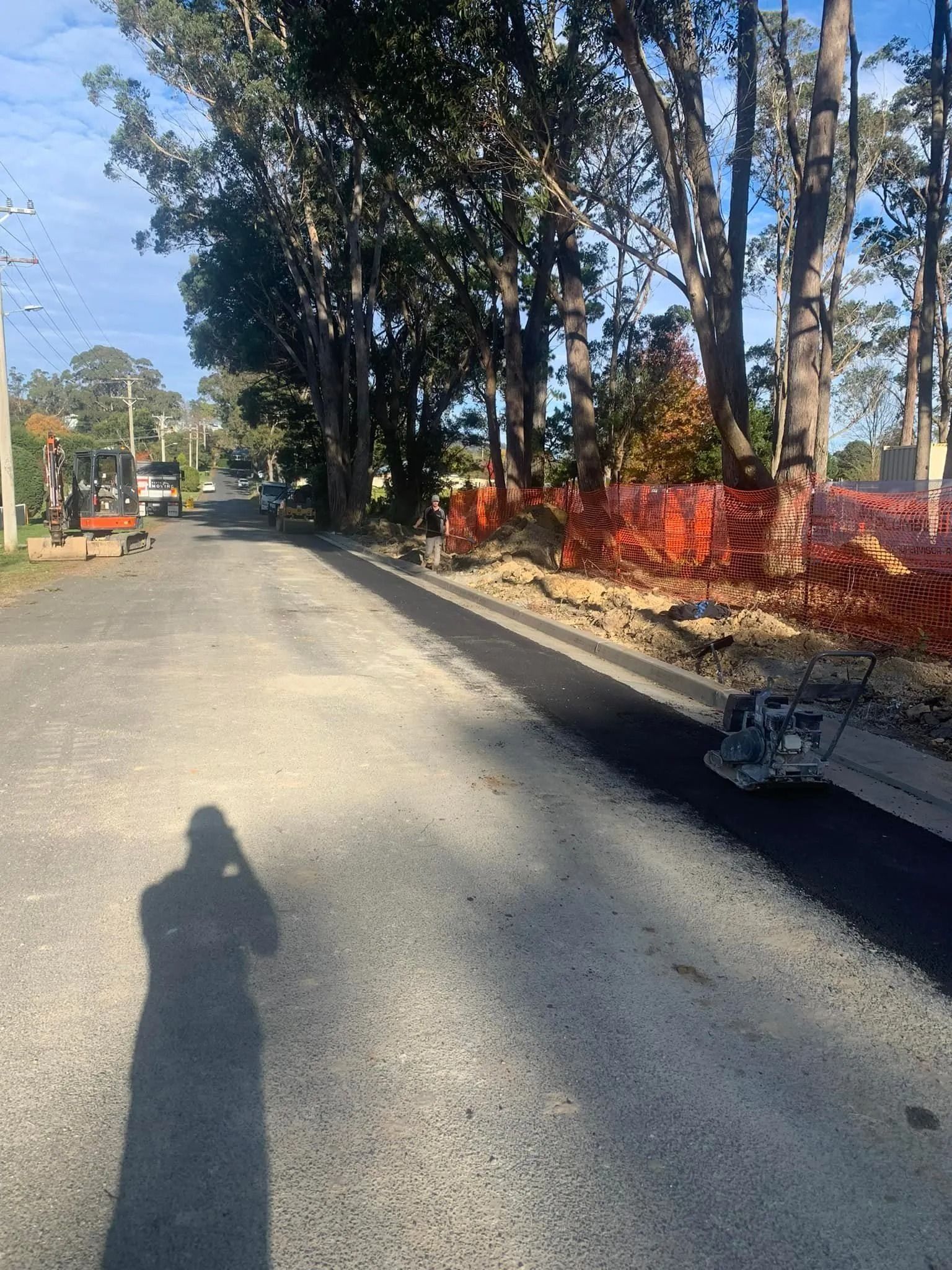 Tree-lined road with fresh asphalt, red fencing on the right, and a long shadow in the foreground.