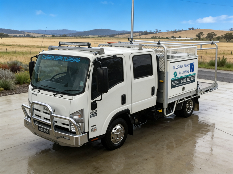 White utility truck parked on wet pavement beside a grassy roadside under a cloudy sky