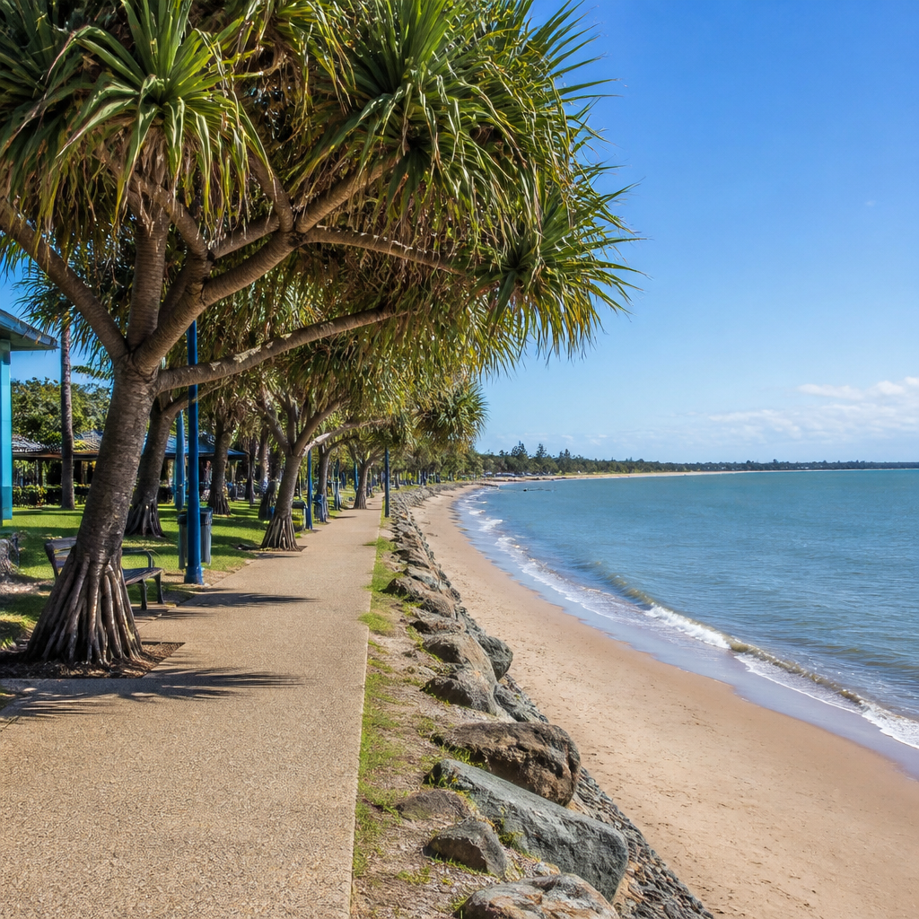 Palm-lined beach walkway beside a calm blue shoreline under a clear sky