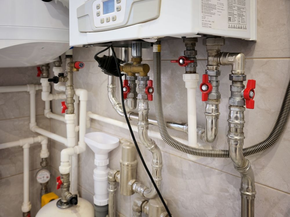 Under-sink plumbing and water heater connections with white pipes and flexible metal hoses