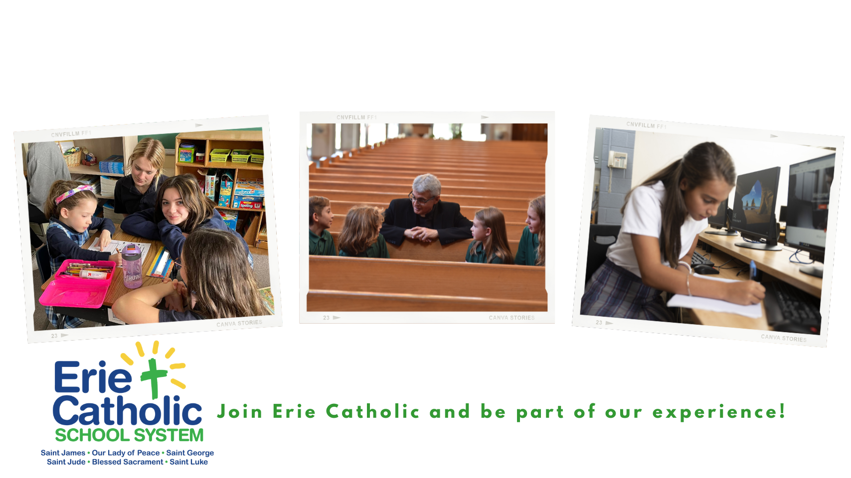 A poster for erie catholic school system shows three pictures