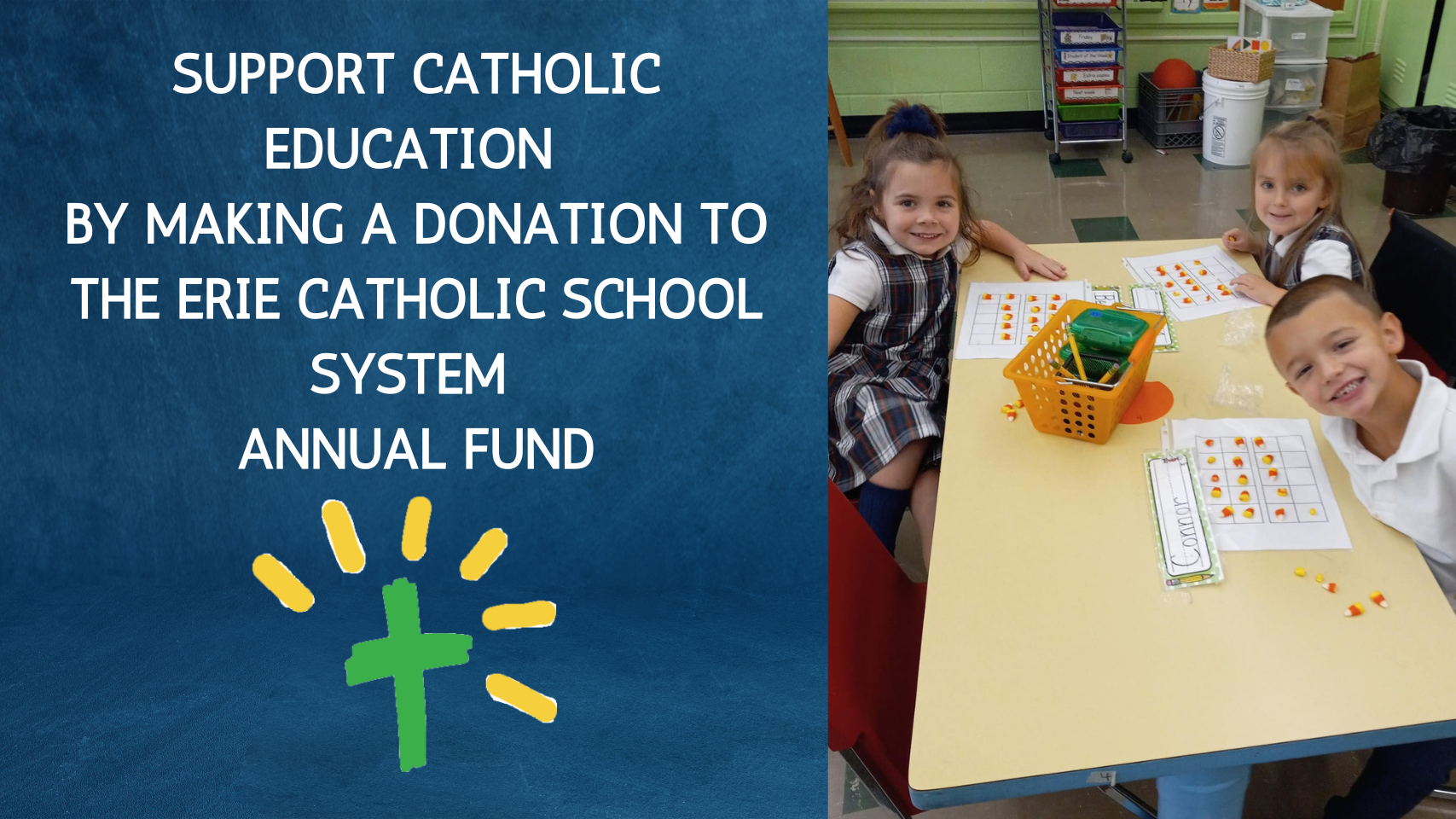 Children sit at a table with the words support catholic education by making a donation to the erie catholic school system annual fund