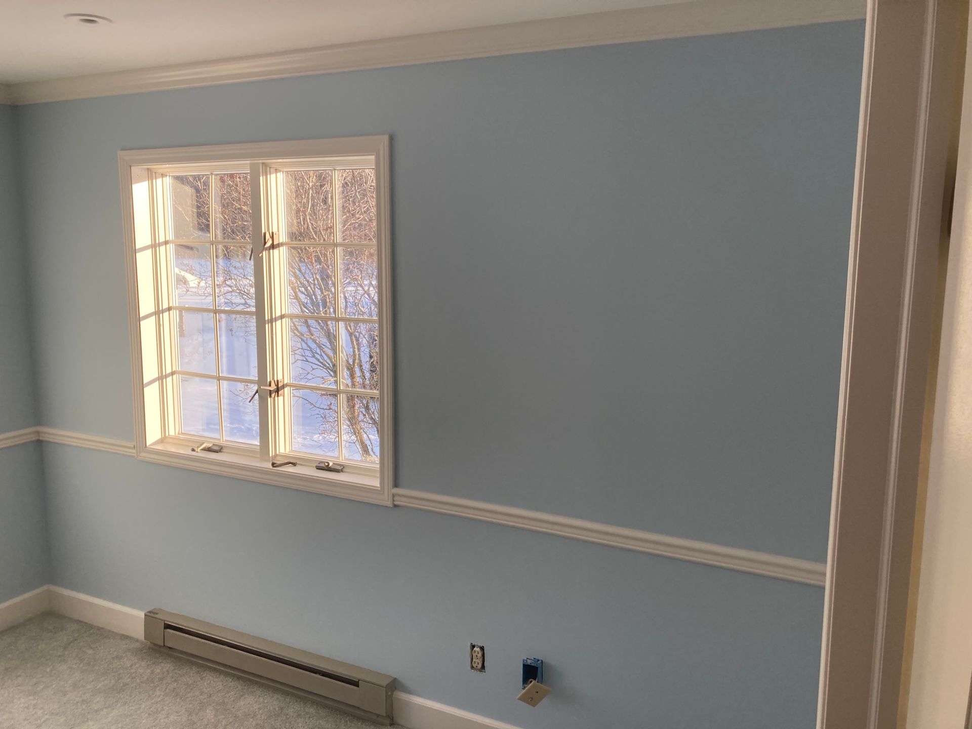 Blue painted room with a window, white trim, and a heater on the wall.