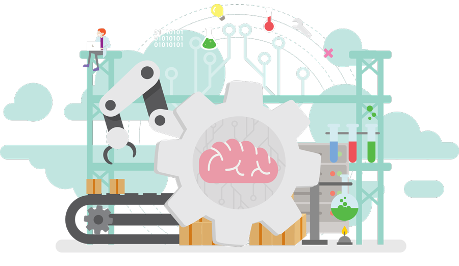 A cartoon illustration of a robotic arm making a brain out of a gear.