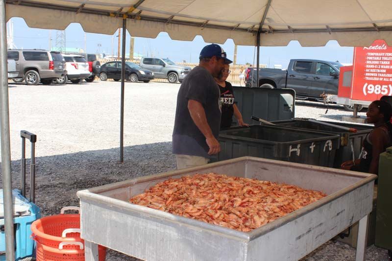 A man is standing next to a tray of shrimp under a tent.
