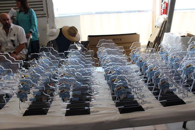 A table with a lot of acrylic trophies on it