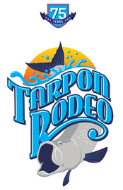 A tarpon rodeo logo with a fish in the water