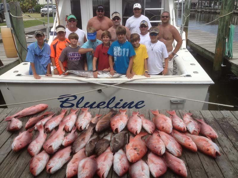 A group of people are posing for a picture on a boat called blueline