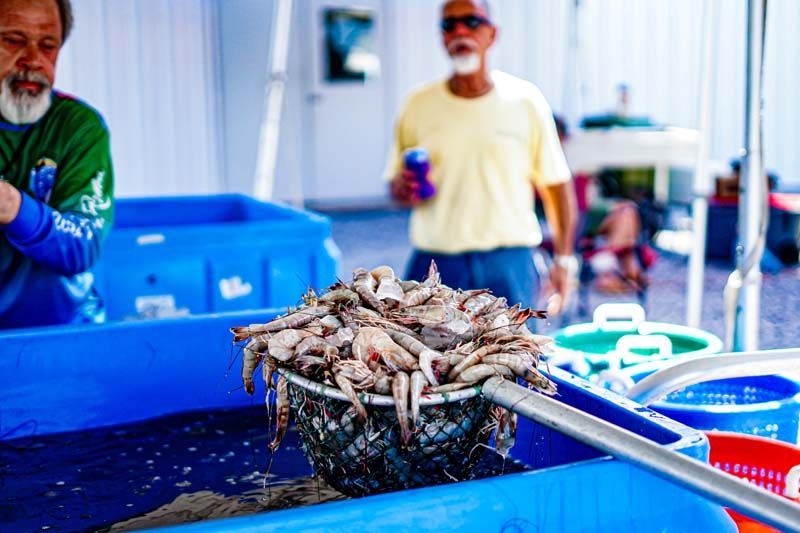 A man is holding a can of soda while standing next to a bowl of shrimp.