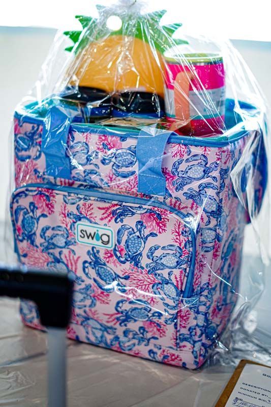 A pink and blue cooler bag is wrapped in plastic and sitting on a table.