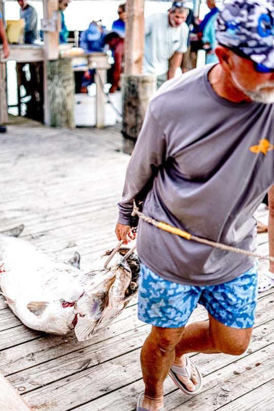 A man is carrying a large fish on a dock.