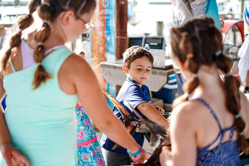 A group of children are standing around a table looking at a fish.