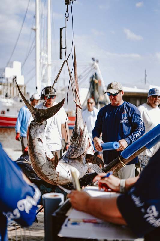 A group of men are standing around a large fish hanging from a crane.