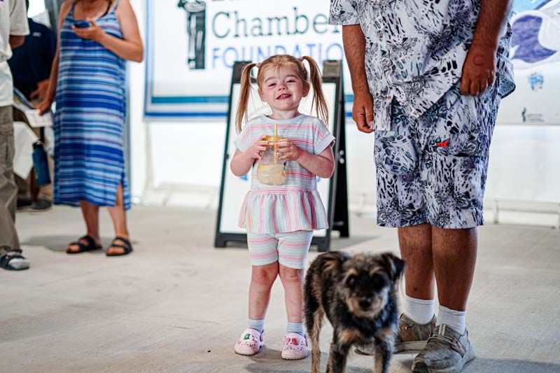 A little girl is standing next to a small dog.